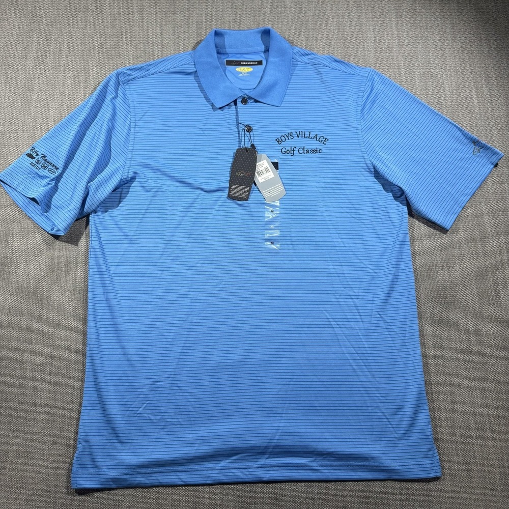 Greg Norman Golf Polo Shirt Mens Medium Blue PlayDry Boys Village Golf Classic